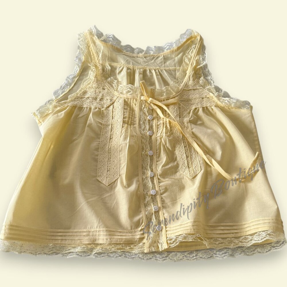 Boho Buttercup Yellow Linen Lace Feminine Peasant Sleeveless Top Blouse - Picture 9 of 11